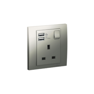 Schneider Pieno 13A Single Switched Socket With 2X2.1A Usb Aluminium Silver