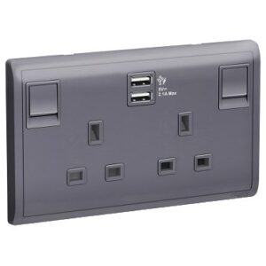 Schneider Pieno - 13A Twin Gang Switched Socket with 2.1A USB, Lavender Silver