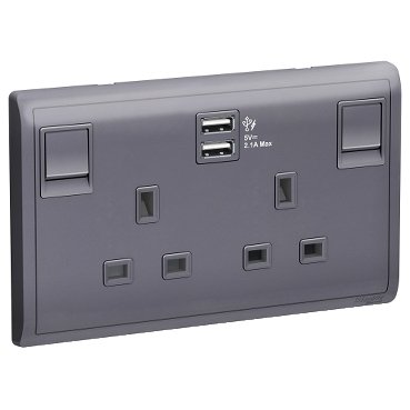Schneider Pieno - 13A Twin Gang Switched Socket with 2.1A USB, Lavender Silver
