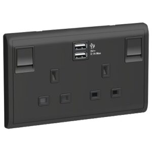 Schneider Pieno - 13A Twin Gang Switched Socket with 2.1A USB, Matt Black