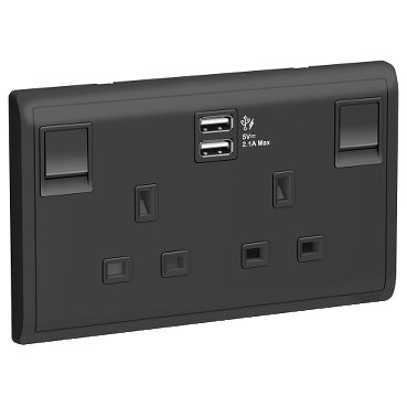 Schneider Pieno - 13A Twin Gang Switched Socket with 2.1A USB, Matt Black