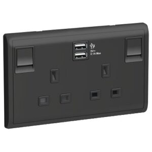 SCHNEIDER E82T25USB_MB-13A Twin Gang Switched Socket with 2.1A USB, Matt Black
