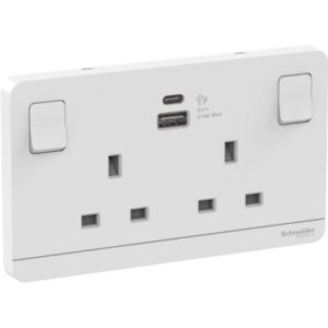 SCHNEIDER E83T25ACUSB_AWE-Switched socket with USB charger, Avataron, 21W type A+C, 2 gang, 13A, white
