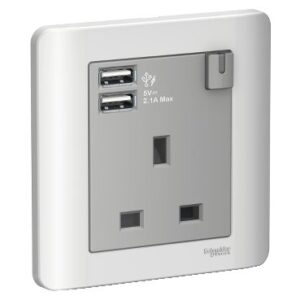 Schneider Zencelo - 13A 1 Gang Switched Socket with 2.1A USB, Silver Satin E8415USB_SA