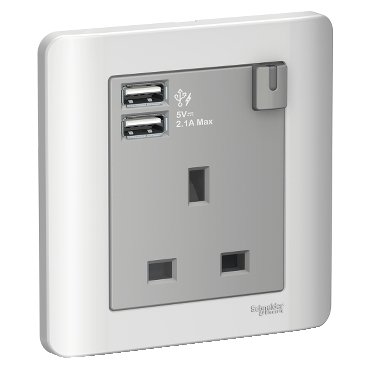Schneider Zencelo - 13A 1 Gang Switched Socket with 2.1A USB, Silver Satin E8415USB_SA