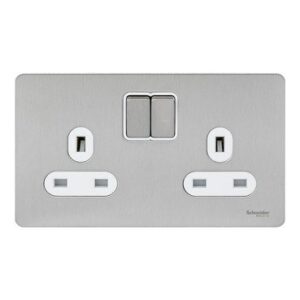 SCHNEIDER GU3420WSS-electric Double switched socket, Ultimate Scewless Flat plate, 13A, 2P+E, BS1363, white & stainless steel