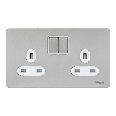 SCHNEIDER GU3420WSS-electric Double switched socket, Ultimate Scewless Flat plate, 13A, 2P+E, BS1363, white & stainless steel