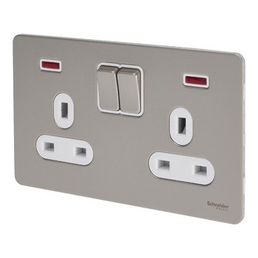 SCHNEIDER GU3421DWPN-ULT.SCRWLS Flat Plate-2Gang- 13A-DP-switched with neon- Pearl nickel