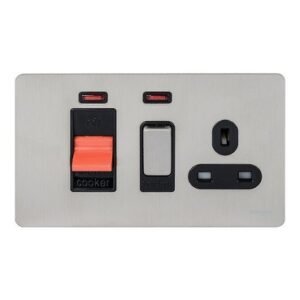 SCHNEIDER GU4401BSS-Cooker control unit, Ultimate Screwless Flat plate, 45A, 2 poles, switched socket, british, neon, black & stainless steel