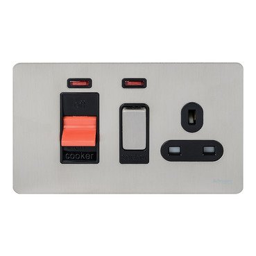 SCHNEIDER GU4401BSS-Cooker control unit, Ultimate Screwless Flat plate, 45A, 2 poles, switched socket, british, neon, black & stainless steel