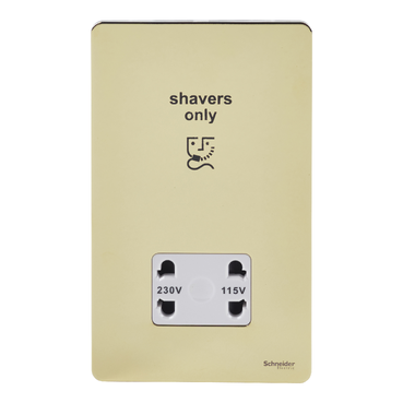Schneider Electric - Shaver socket, Ultimate Screwless Flat plate, dual voltage 115/230V, white & brass GU7490WPB
