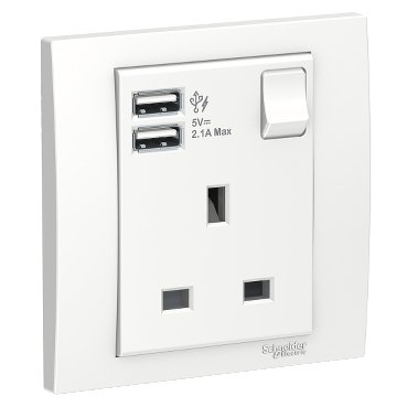 Schneider Power socket outlet+USB charger, Vivace, 13A, 1 gang, white - KB15USB_WE