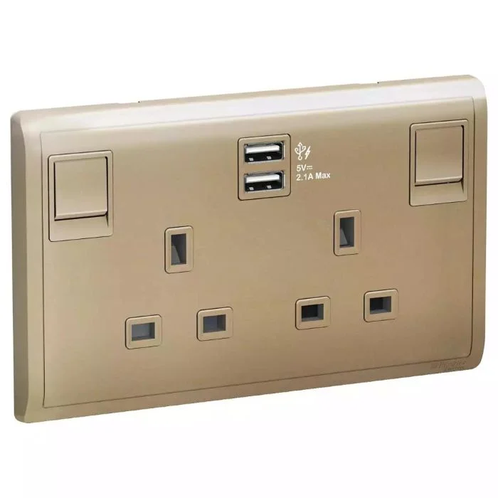 SCHNEIDER E82T25USB_WG-13A Twin Gang Switched Socket with 2.1A USB, Wine Gold