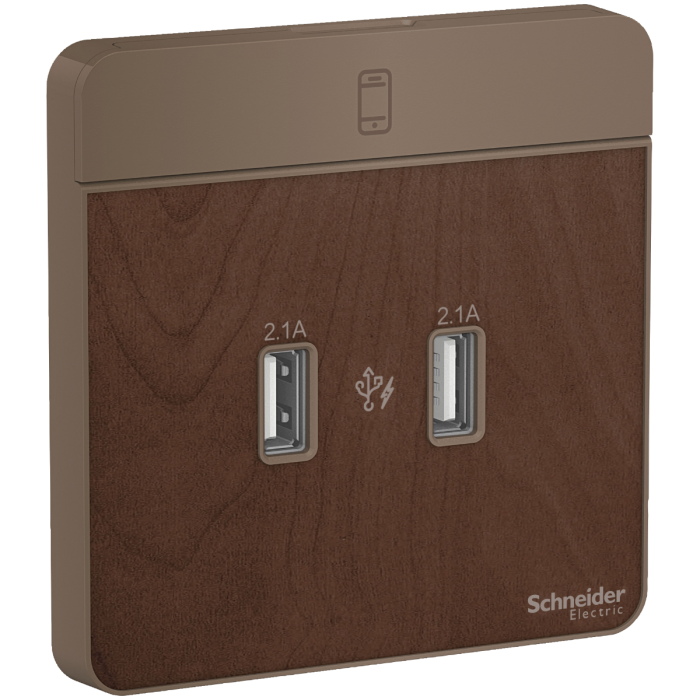 Schneider AvatarOn - E8332USB_WD - USB charger, 2 type A, 2.1 A, Wood